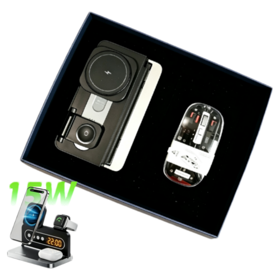 Transparent Mecha Light-up Mouse + 15W Multi-functional Foldable Wireless Charger